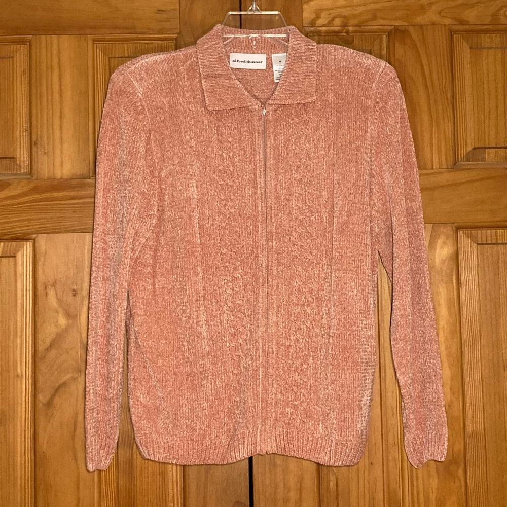 NWOT Alfred Dunner Vintage 80s 90s Sweater Chenille Zip Front Pink Size M Medium